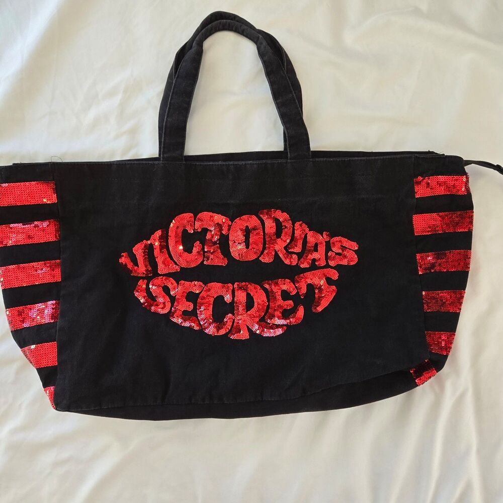 Victorias Secret Tote Bag 2000's Y2K Size XL Black Canvas Red Sequin Lip Design